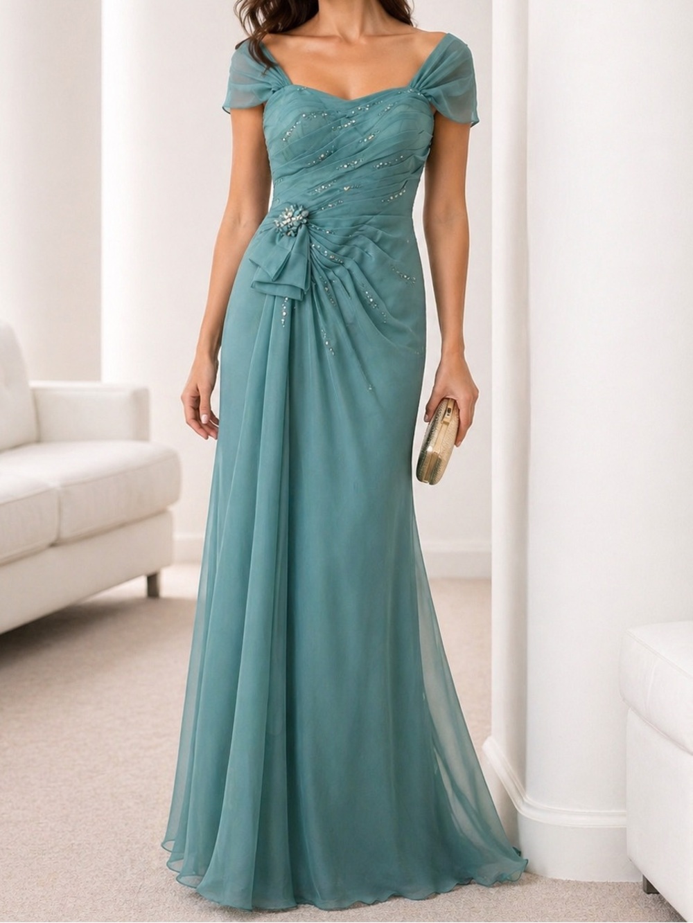 Cameron Blake Iridescent Turquoise Beaded Mother of the Bride/Groom Formal Gown